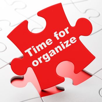 Timeline concept: Time For Organize on Red puzzle pieces background, 3D rendering