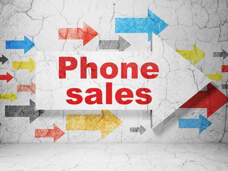 Advertising concept:  arrow with Phone Sales on grunge textured concrete wall background, 3D rendering