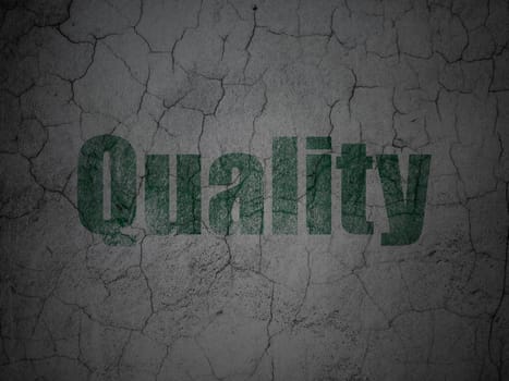 Advertising concept: Green Quality on grunge textured concrete wall background