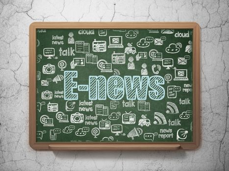 News concept: Chalk Blue text E-news on School board background with  Hand Drawn News Icons, 3D Rendering