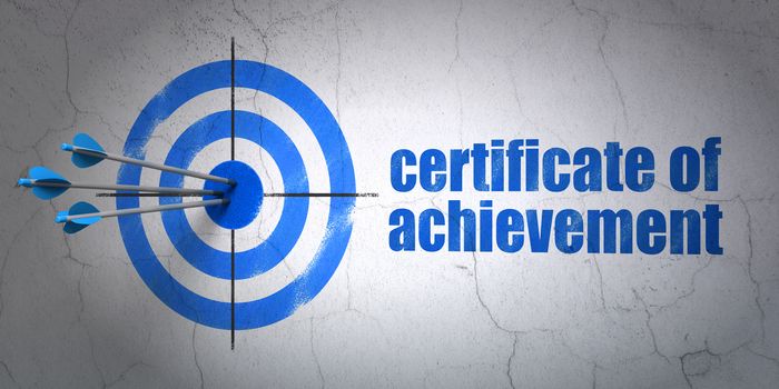 Success Education concept: arrows hitting the center of target, Blue Certificate of Achievement on wall background, 3D rendering