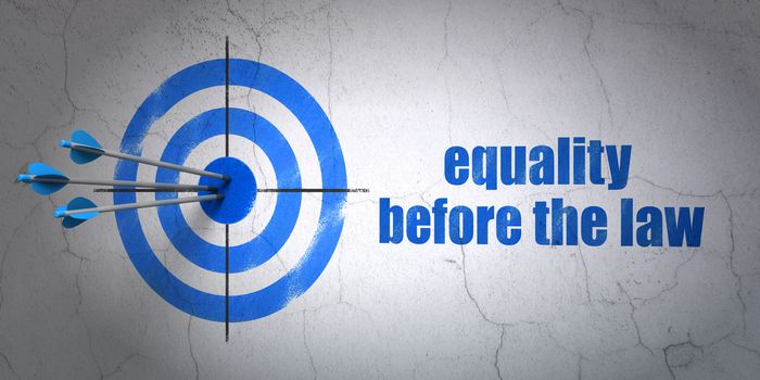 Success politics concept: arrows hitting the center of target, Blue Equality Before The Law on wall background, 3D rendering