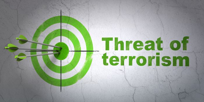 Success political concept: arrows hitting the center of target, Green Threat Of Terrorism on wall background, 3D rendering