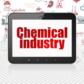 Manufacuring concept: Tablet Computer with  red text Chemical Industry on display,  Hand Drawn Industry Icons background, 3D rendering