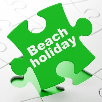 Travel concept: Beach Holiday on Green puzzle pieces background, 3D rendering