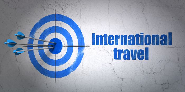 Success travel concept: arrows hitting the center of target, Blue International Travel on wall background, 3D rendering