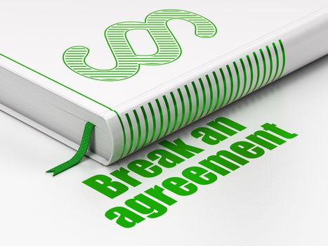 Law concept: closed book with Green Paragraph icon and text Break An Agreement on floor, white background, 3D rendering