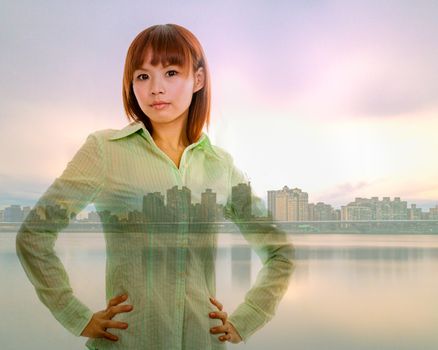 Chinese woman with semi-formal business shirt on cityscape double exposure