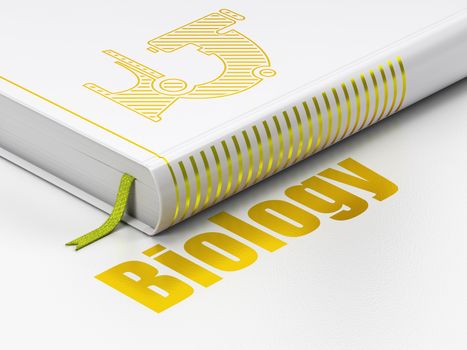 Science concept: closed book with Gold Microscope icon and text Biology on floor, white background, 3D rendering