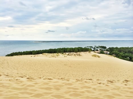 View from the famous Dune of Pilat (Dune du Pilat), the tallest sand dune in Europe, located in the Arcachon Bay area, France.