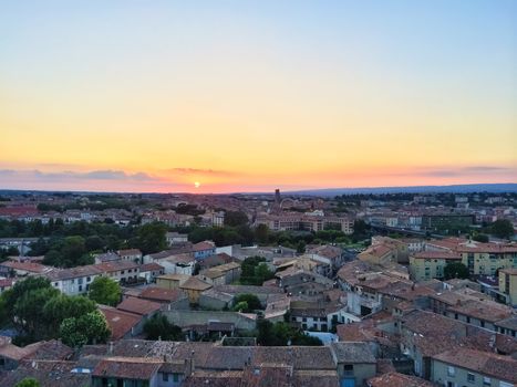 Rooftops of the picturesque town in sunset. Carcassonne, France.