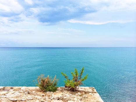Beautiful blue sea of Peniscola, resort in the province of Castellon, Valencian Community, Spain.