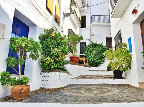 Picturesque street decorated with plants. Frigiliana, Andalusia, Spain. 