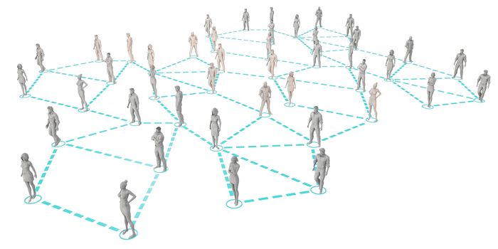 Crowd of 3D Figures Linked by Lines and Technology