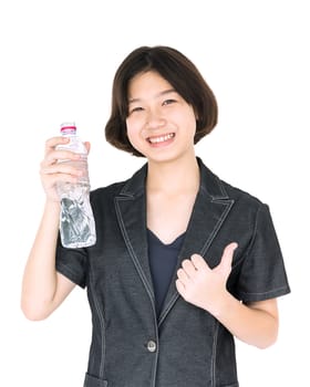 Young asian woman hold bottled water isolated on white background