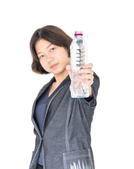 Young asian woman hold bottled water isolated on white background