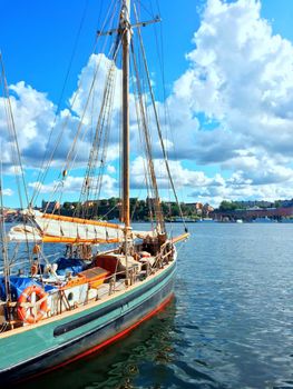 Colorful sailboat. Sunny summer day in Stockholm, Sweden.