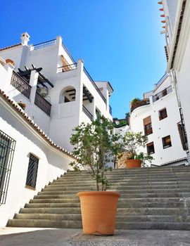White houses of Frigiliana. Street decorated with plants. Andalusia, Spain. 