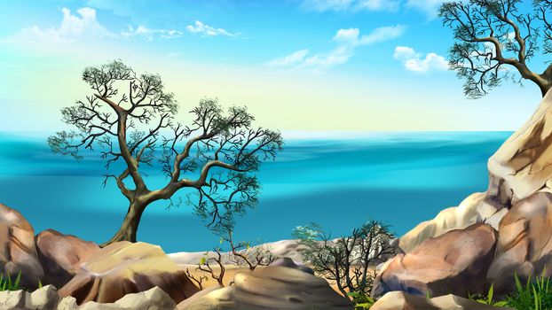 Rocky Shore Against Blue Sky in a Early Summer Morning. Sea view from the cliff. Digital Painting Background, Illustration in cartoon style character.
