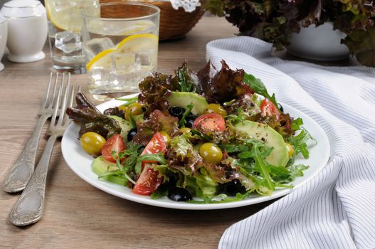 Summer salad - with avocado, olives, tomatoes in lettuce dressed, mustard-garlic sauce