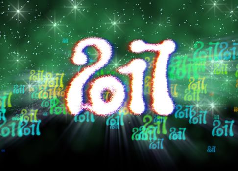 Happy new year 2017 isolated numbers written with light on bright bokeh background full of flying digits 3d illustration.