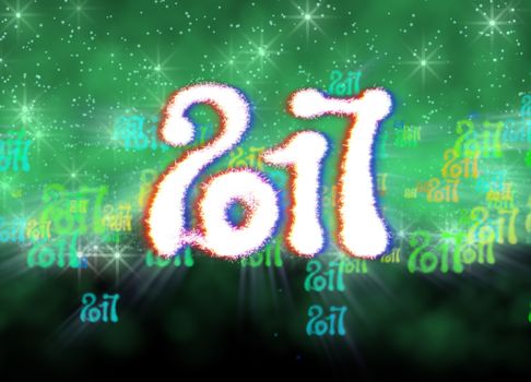 Happy new year 2017 isolated numbers written with light on bright bokeh background full of flying digits 3d illustration.