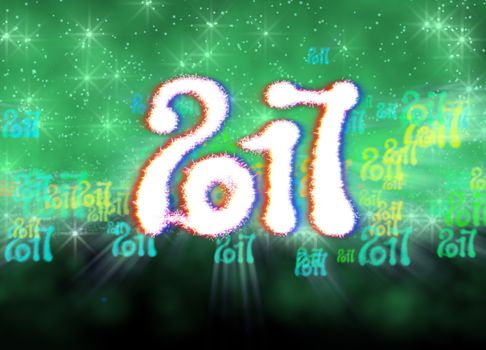 Happy new year 2017 isolated numbers written with light on bright bokeh background full of flying digits 3d illustration.