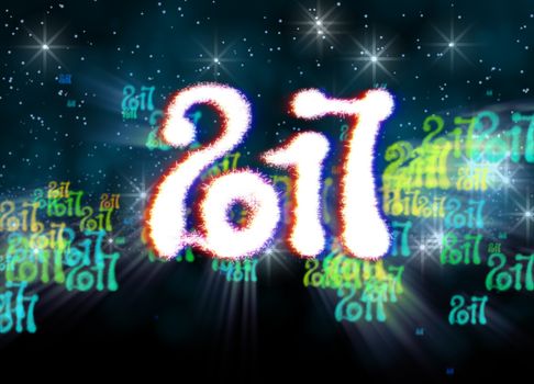 Happy new year 2017 isolated numbers written with light on bright bokeh background full of flying digits 3d illustration.