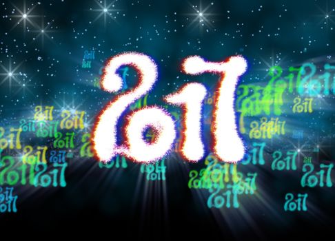 Happy new year 2017 isolated numbers written with light on bright bokeh background full of flying digits 3d illustration.