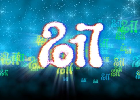 Happy new year 2017 isolated numbers written with light on bright bokeh background full of flying digits 3d illustration.