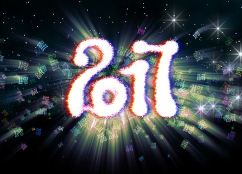 Happy new year 2017 isolated numbers written with light on bright bokeh background full of flying digits 3d illustration.