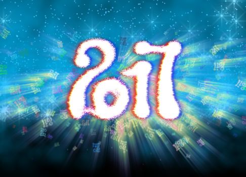 Happy new year 2017 isolated numbers written with light on bright bokeh background full of flying digits 3d illustration.