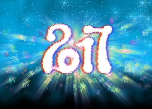 Happy new year 2017 isolated numbers written with light on bright bokeh background full of flying digits 3d illustration.