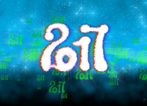 Happy new year 2017 isolated numbers written with light on bright bokeh background full of flying digits 3d illustration.