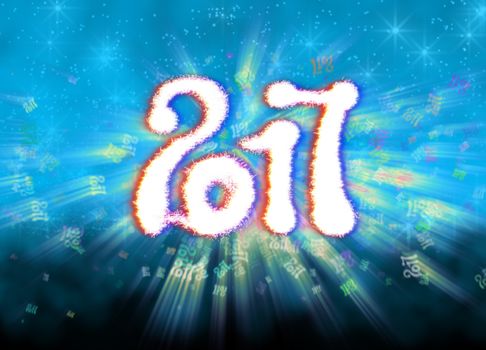 Happy new year 2017 isolated numbers written with light on bright bokeh background full of flying digits 3d illustration.