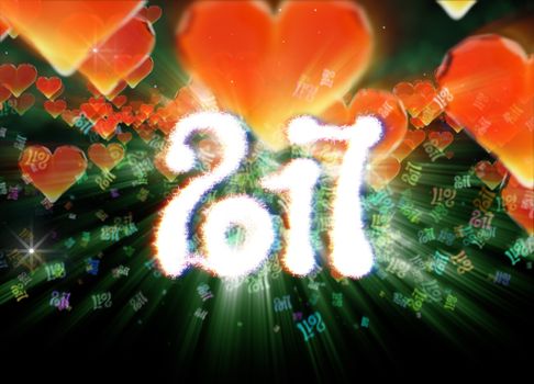 Happy new year 2017 isolated numbers written with light on dark bokeh background and red flying hearts 3d illustration.