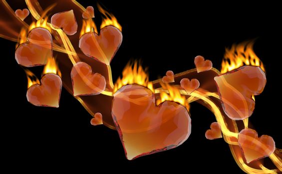 Red burning gem hearts leading fire smoke wave isolated on dark background. Geometric rumpled triangular low poly style graphic 3d render illustration. Raster polygonal design for your business.