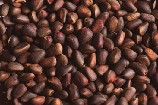 Pine nuts in shells of ciberian cedar as a background. Macro.