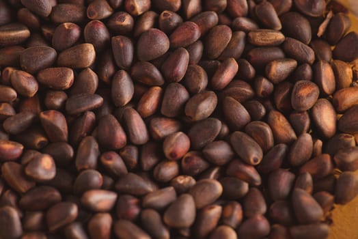 Pine nuts in shells of ciberian cedar as a background. Macro.