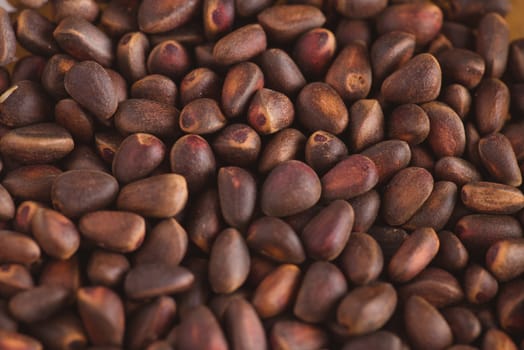 Pine nuts in shells of ciberian cedar as a background. Macro.