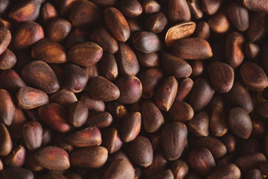 Pine nuts in shells of ciberian cedar as a background. Macro.