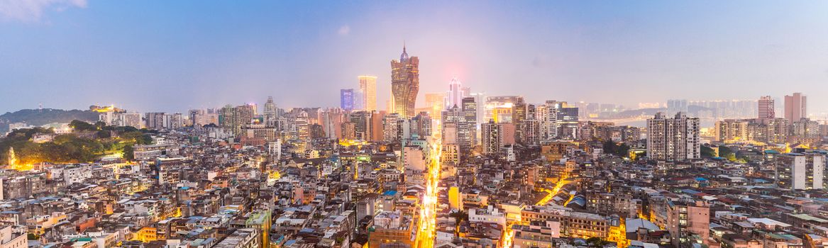 Macau cityscape skyline at dusk. Mocau now is part of China. Panorama