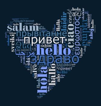 Word Hello in different languages word cloud concept in heart shape