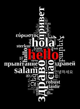 Word Hello in different languages word cloud concept over dark background