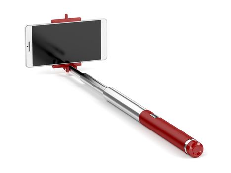 Selfie stick with mobile phone on white background 