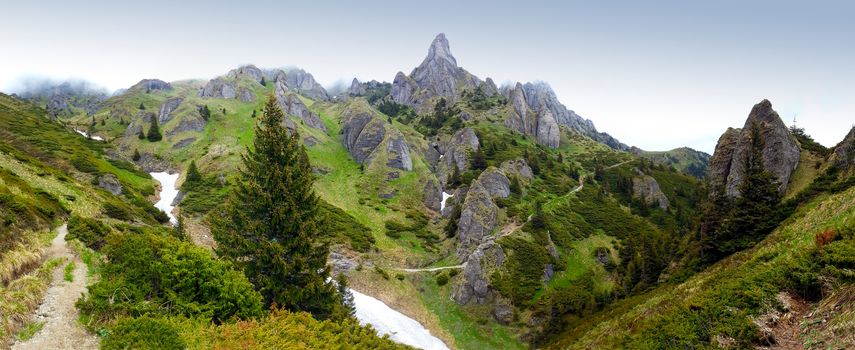 Panoramic view of Mount Ciucas on spring, part of Carpathian Range from Romania