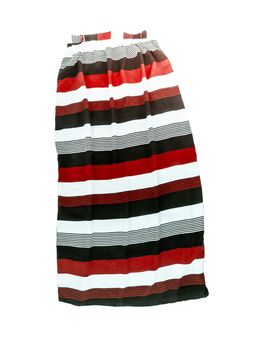 Women's long skirt with a striped multi-colored pattern, isolated on white background.