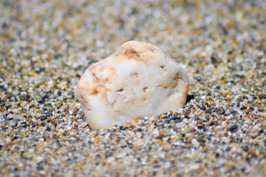 One pebbles on a background of grains of sand on the beach of Amoudara