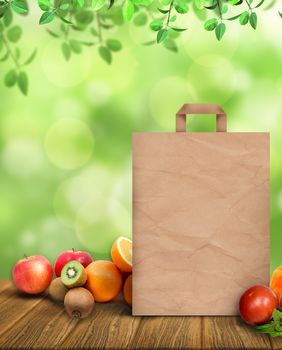 shopping paper bag, vegetables and fruits