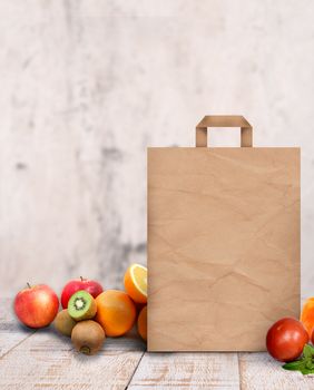 shopping paper bag, vegetables and fruits